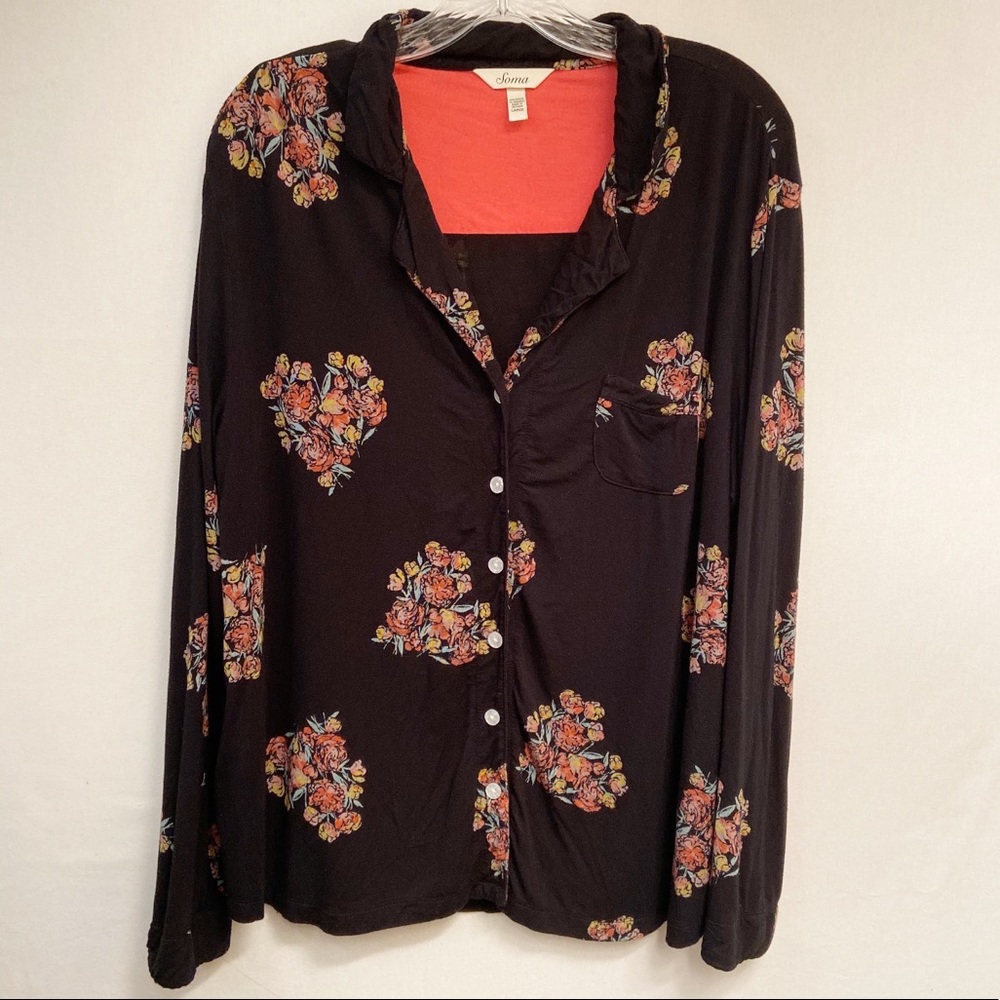 Soma Black Floral Button-Front Pajama Top with Coral Lining